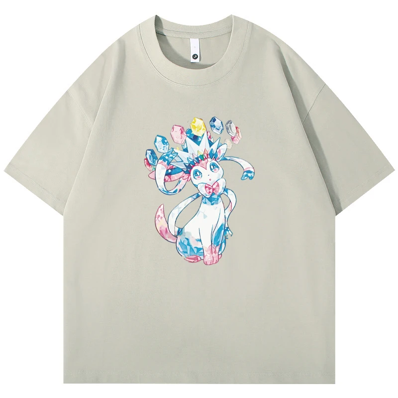 Фото Футболки Pokemon Sylveon в стиле аниме с героями мультфильмов, хлопковые свободные футболки с короткими рукавами для мужчин и женщин, повседневные топы с принтом, подарок №5
