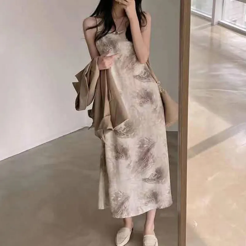 

Женское платье без рукавов, длинное платье в Корейском стиле с открытой шеей и чернилами, лето 2019