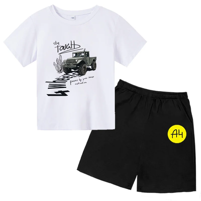 

T-shirt Clothing Fashion Children's Clothes Boys and Girls Sports 2pce Set of Simple Car Printing Shorts Casual Loose Sportswear