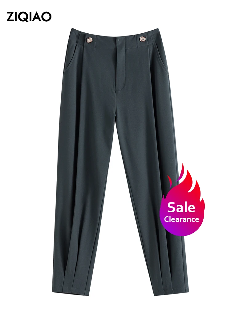 

ZIQIAO【Clearance Sale】High Waist Full Length Trousers Button Waist Petite Ninth Suit Pants Office Lady Solid Spring Trouser