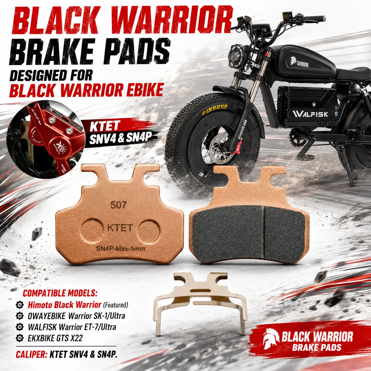 Фото Тормозные колодки Black Warrior, полуметаллические, износостойкие, для Himoto, OWAYEBIKE, WALFISK, EKXBike, KTET, SN-V4, XD-SN-4P, всепогодные №5
