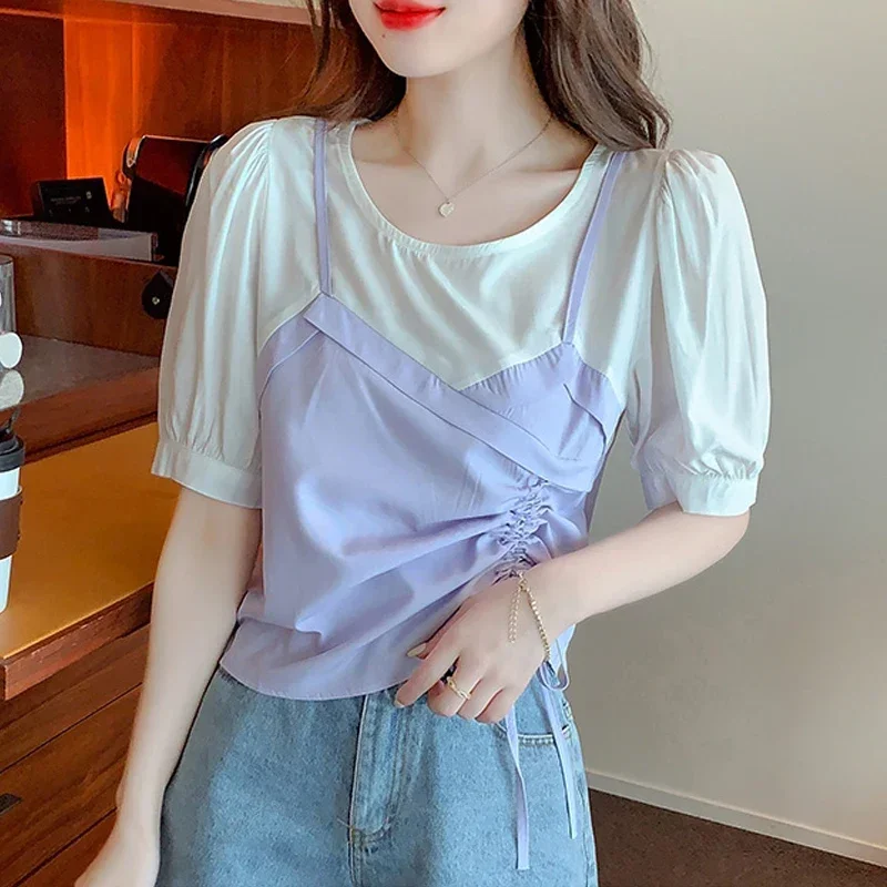 Блузка женская летняя с круглым вырезом и коротким рукавом G436