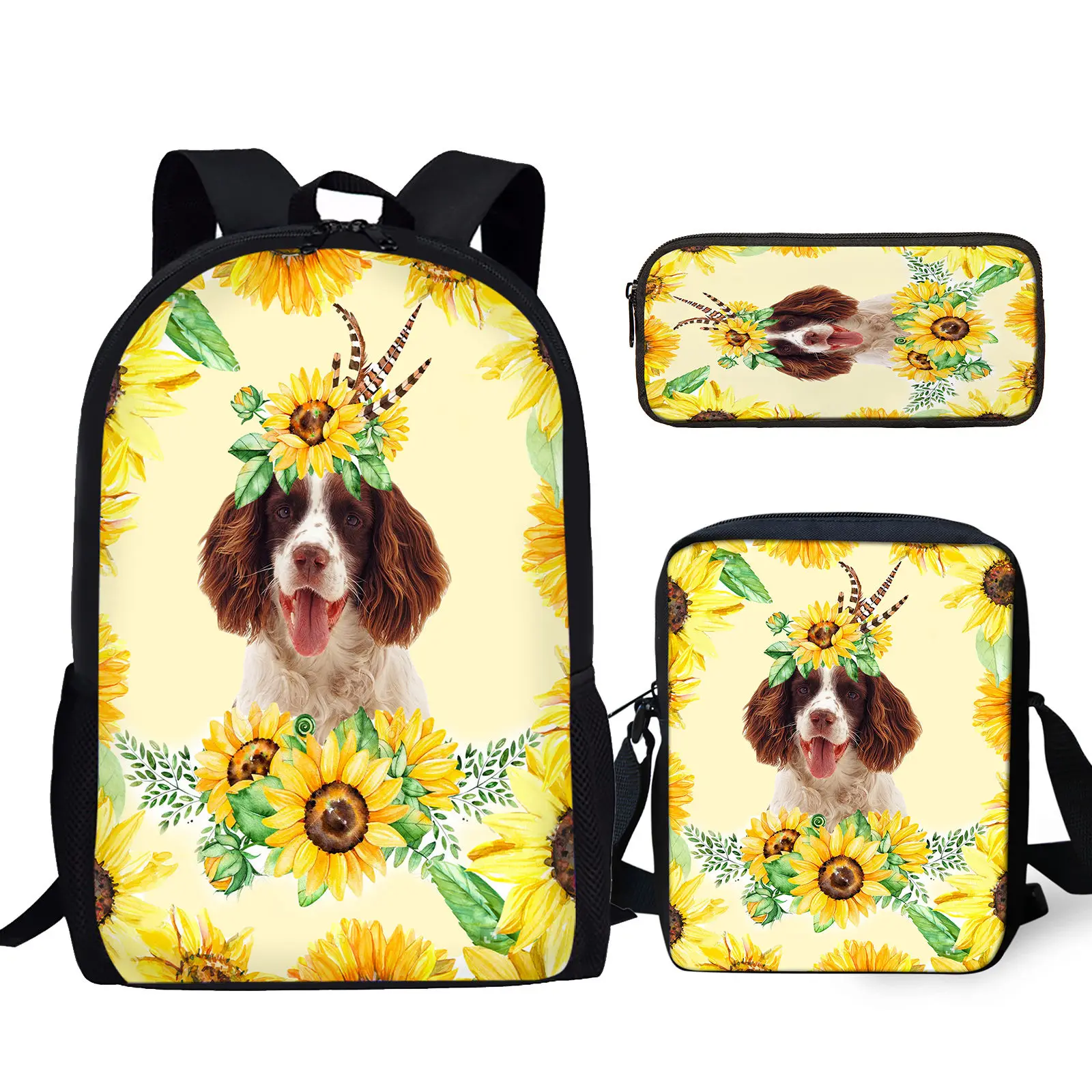 

YIKELUO British Springer Spaniel Sunflower Design Youth Notebook Textbook Backpack Tribal Feather Print Messenger Bag Mochilas