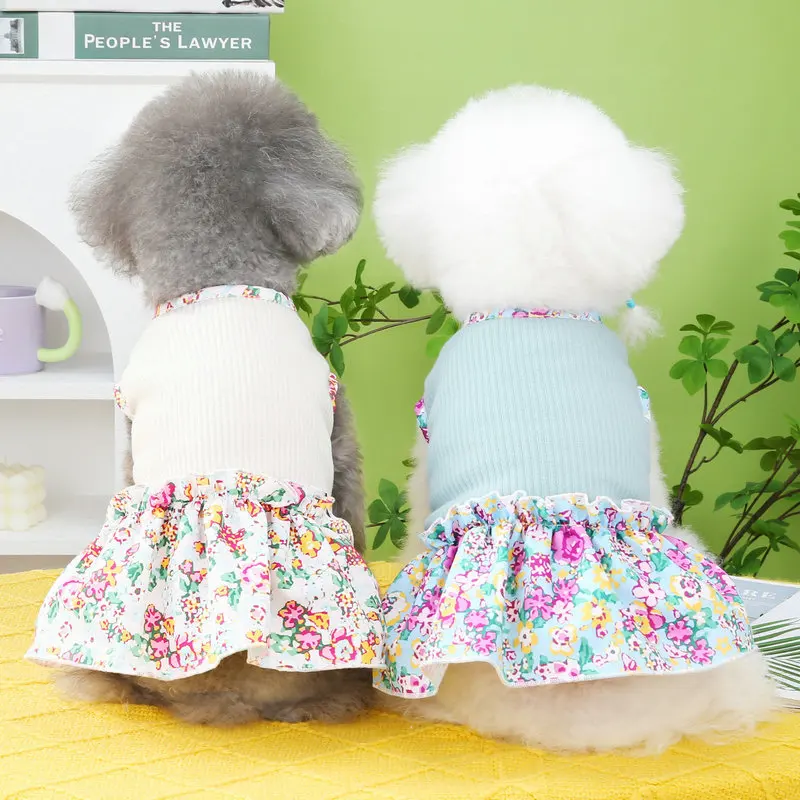 

2023 New Dog Knitted Floral Dress Sweet Spring Summer Puppy Skirt Sleeveless Chihuahua Party Evening Dresses Fashion Pet Clothes