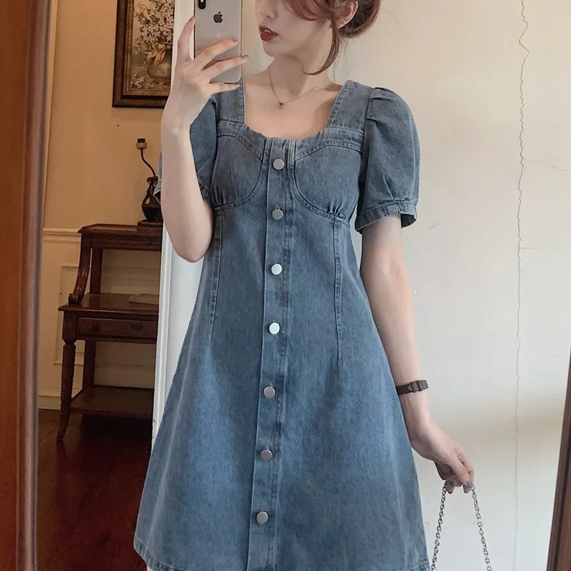 

Summer Denim Dress High Waist Short Sleeve Fashion Sexy Dresses Women Clothes Korean Sweet Mini Dress Girl 4XL E45