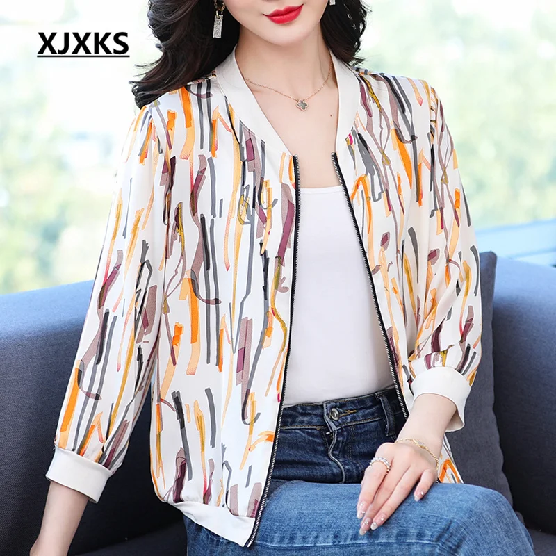 

XJXKS 2022 Spring Autumn New Women Jackets Fashion Stand Collar Three-quarter Sleeve Zipper Cardigan Jaqueta Feminina Chaquetas