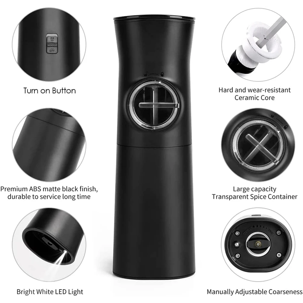

Gravity Electric Salt and Pepper Grinder, Adjustable Coarseness and One Hand Automatic Operation, Black