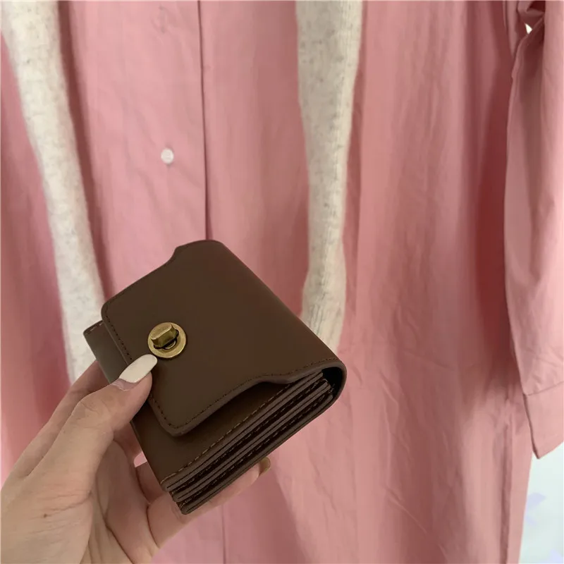 Women Purse Simple Card Case Wallet Small Bag Multi-compartment Lock Mini Hangbag PU Solid Color