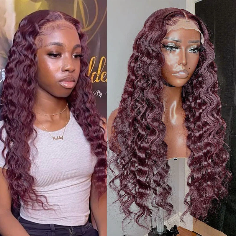 

Burgundy Deep Wave Frontal Wigs Long Synthetic Lace Front Wig For Black Women With Natural Hairline Heat Resistant Curly Wig