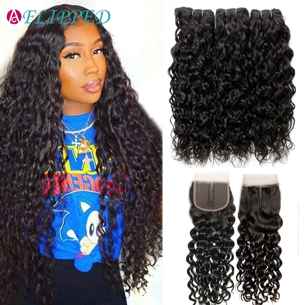 Water Wave Human Hair Bundles With Lace Closure Deep Curly Malaysia Water Weave 3/4 Bundles With Baby Hair Remy Hair Extensiones