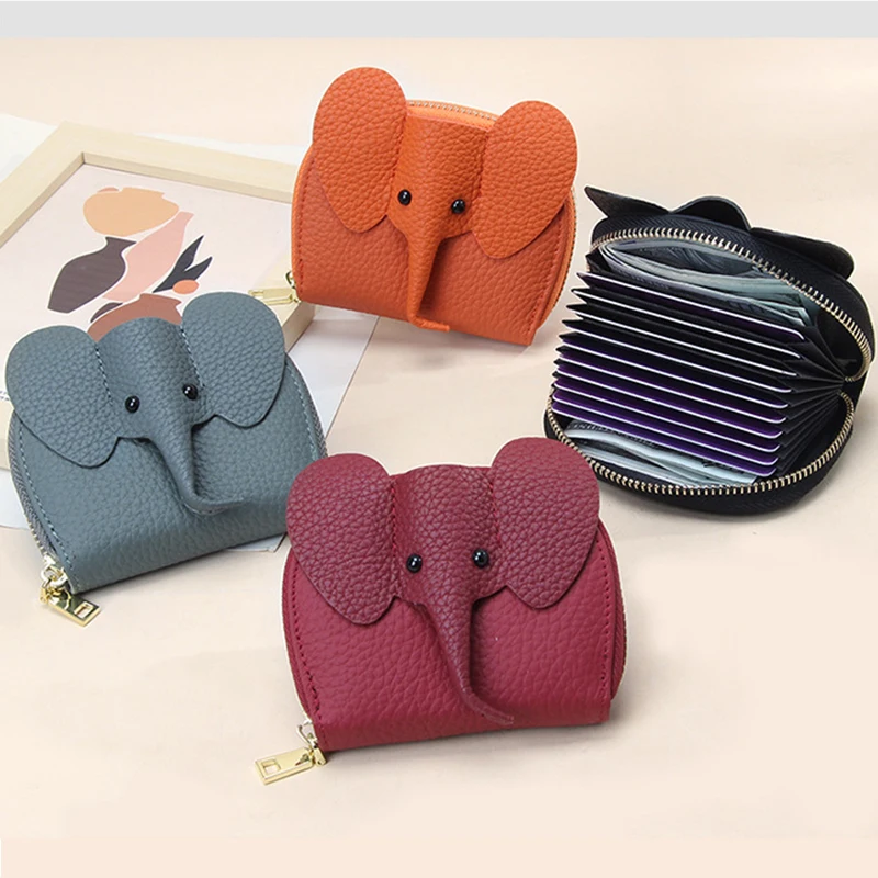 2023 New Women's Cow Leather Card Holder Short Wallet Multi-Card Slot Card Bag Cute Japanese Style Elephant Wallet Clutch Purse