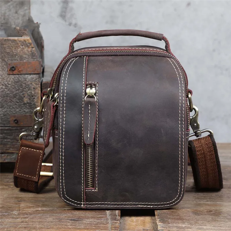 Retro fashion crazy horse leather men's small handbag daily weekend work party multi-pocket real cowhide shoulder messenger bag