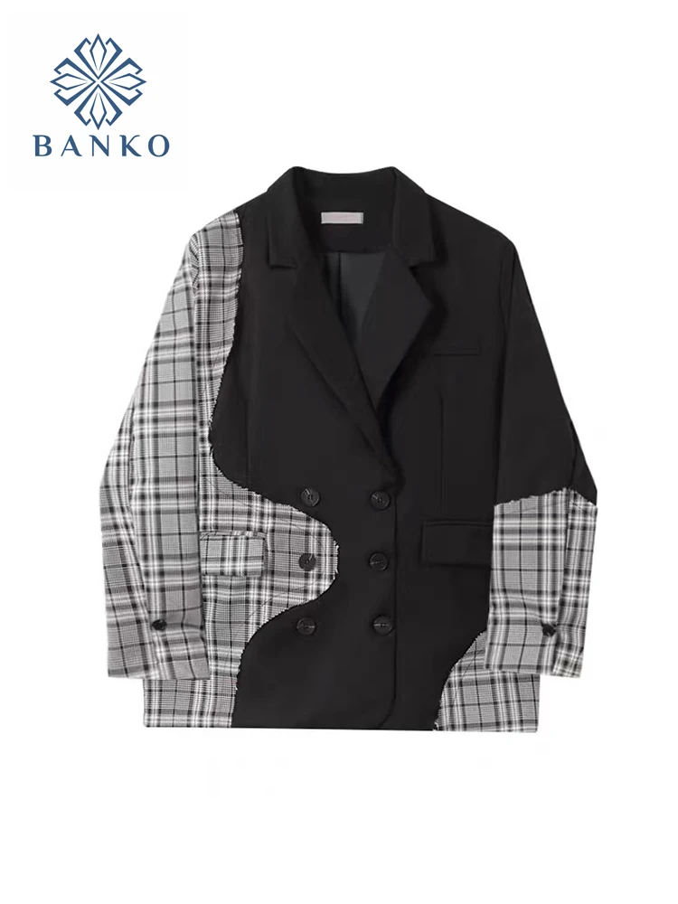 

Classic Plaid Patchwork Women Autumn Winter Blazer Jacket Lapel Long Sleeve Ladies Outerwear BF Double Breasted Oversize Chic