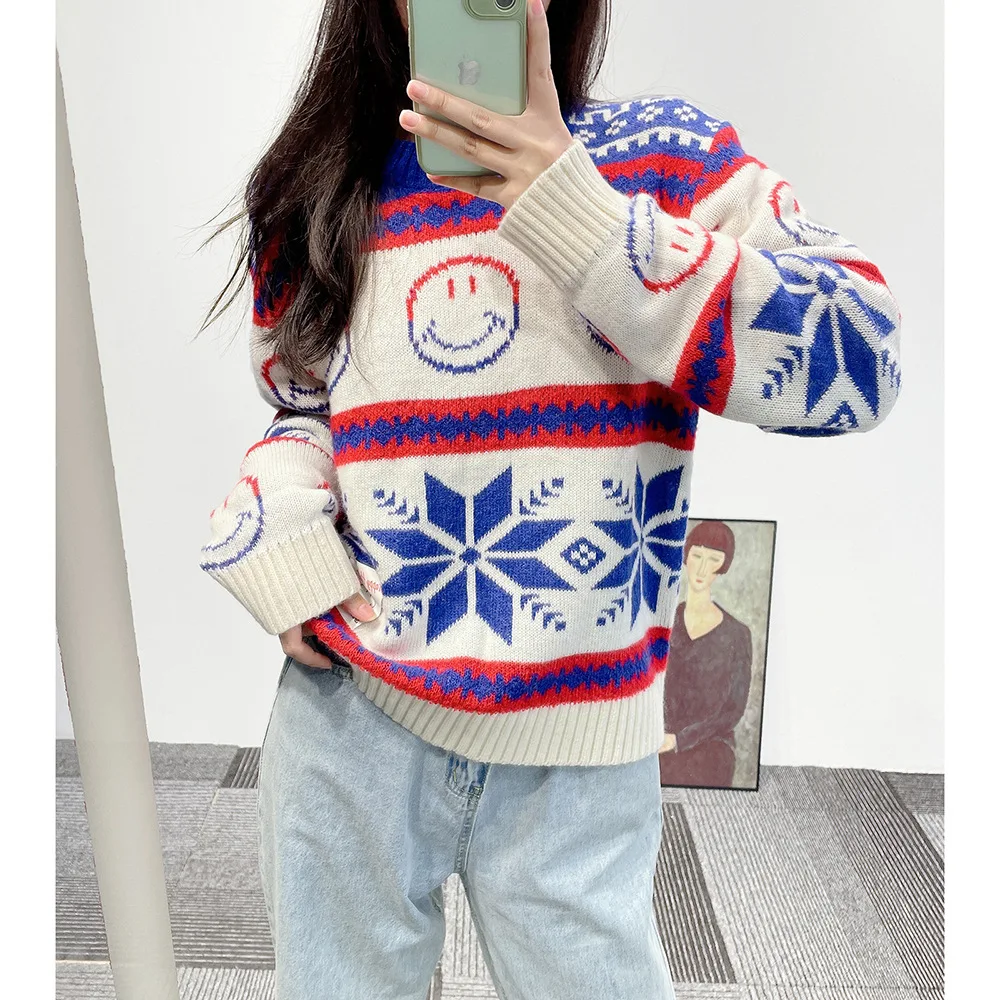 

Новинка 2023, весенне-осенний жаккардовый женский свитер YOUPING во французском стиле с улыбающимся лицом, Свободный вязаный женский свитер в студенческом стиле, повседневные пуловеры