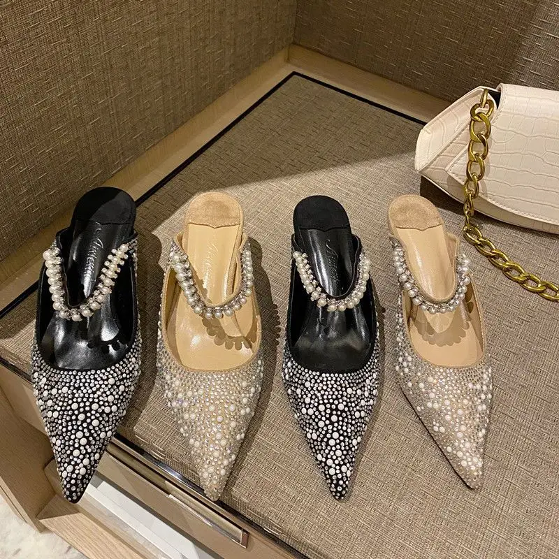 Spring/Summer 2023 Pointed Rhinestone Pearl Half Slippers High-Heeled Outdoor Toe Cap Mules Shoes Heel-Free Lazy Sandals Women