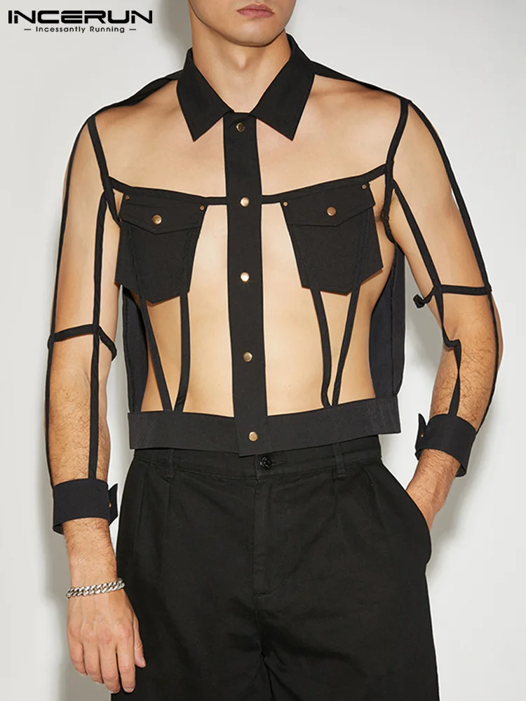 

INCERUN 2022 модная мужская прозрачная рубашка с отложным воротником и длинным рукавом на пуговицах, сексуальные уличные топы с карманами