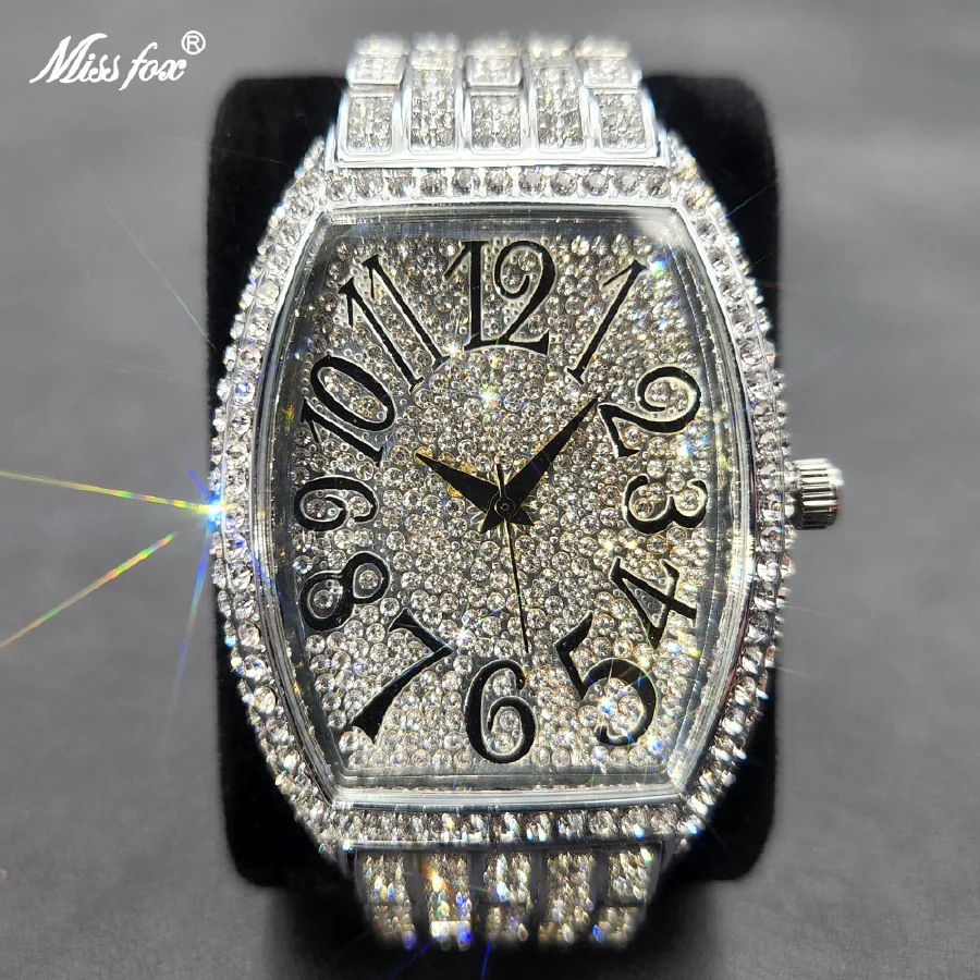 

New Ice Out Mens Watches Popular Tonneau Full Moissanite Silver Geneva Male Watch Hip Hop Original Waterproof relogio masculino