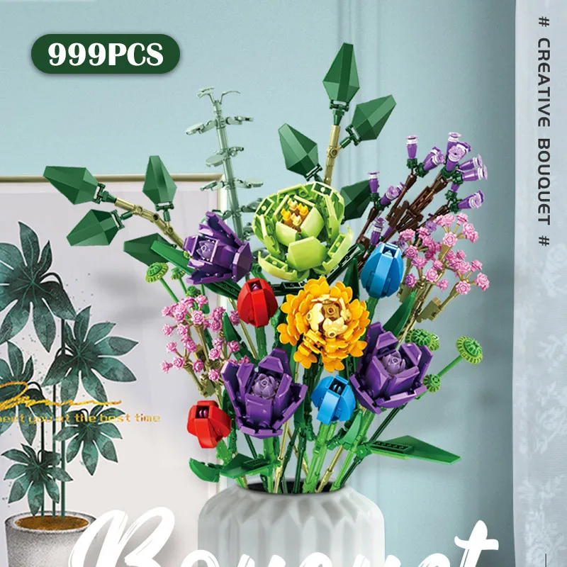 

Creative Flowers Bouquet Model Building Blocks Moc Romantic Rose Flower Bricks Home Decoration DIY Toys for Girl Birthday Gift