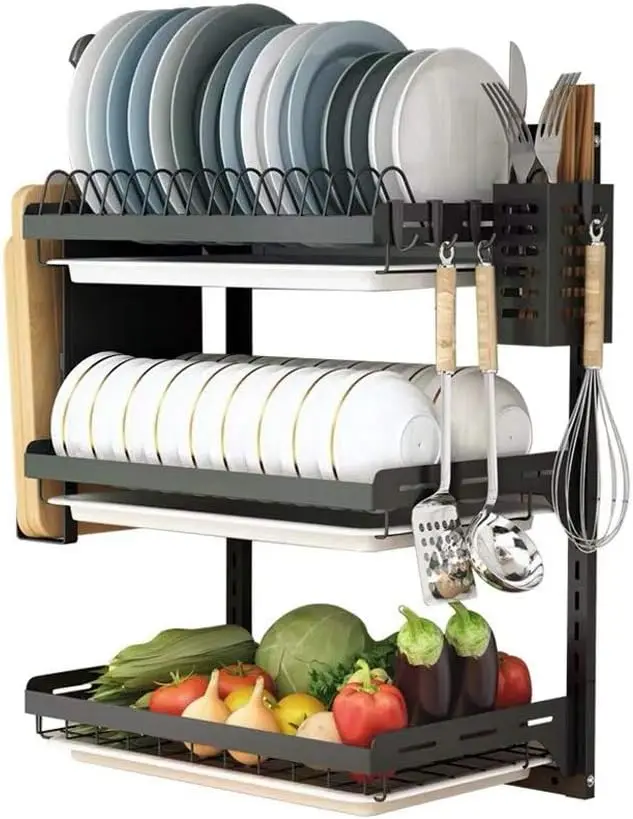 

Tier Black Stainless Steel Dish Drying Fruit Vegetable Storage Basket with Drainboard and Hanging Chopsticks Cage Knife Holder