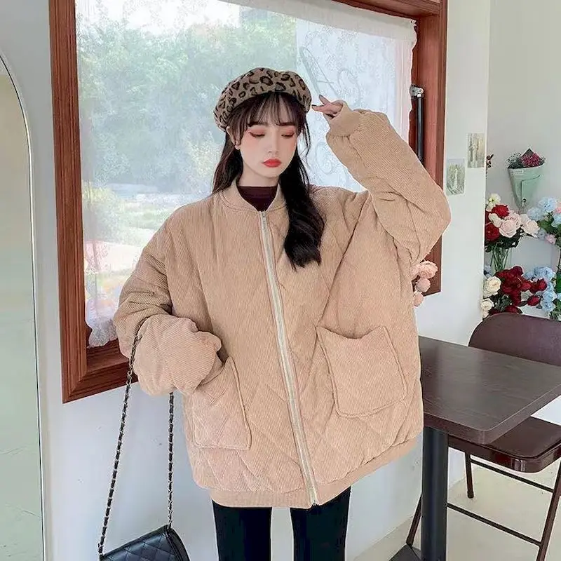 Women Thick Jackets V-neck Puffer Corduroy Parkas High-Quality Warm Vintage Wild Coats New 2021 Autumn Winter Female Overcoat