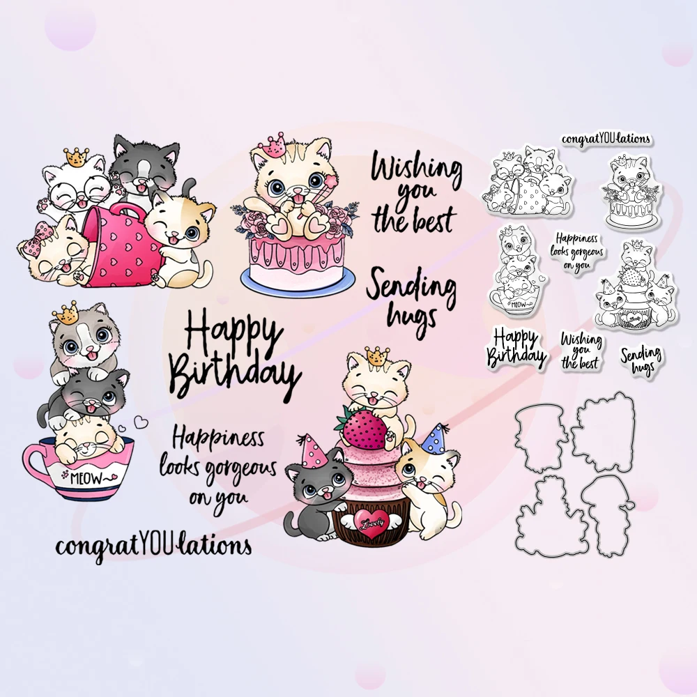 

DIY Metal Cutting Dies Clear Stamp Set Cute Cats kitty & Birthday Cake Scrapbooking Crafts DIY Dies Silicone Stamps For Cards