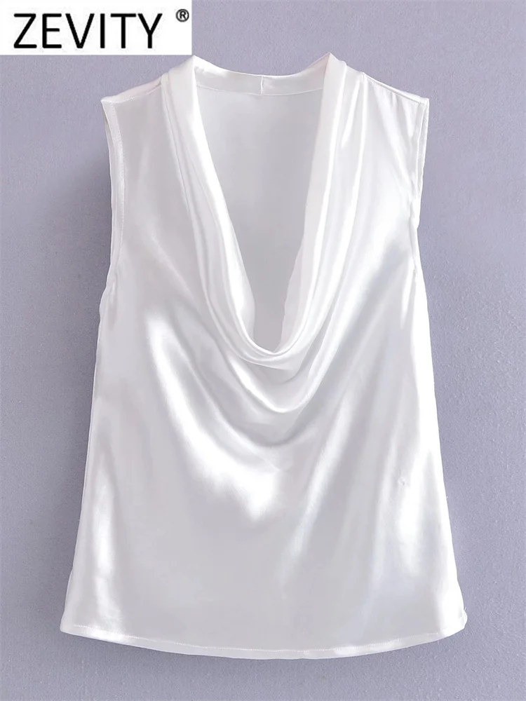 

Zevity Women Fashion Solid Color Sleeveless Vest Smock Blouse Lady Chic Simply White Satin Shirt Casual Blusas Tops LS10223