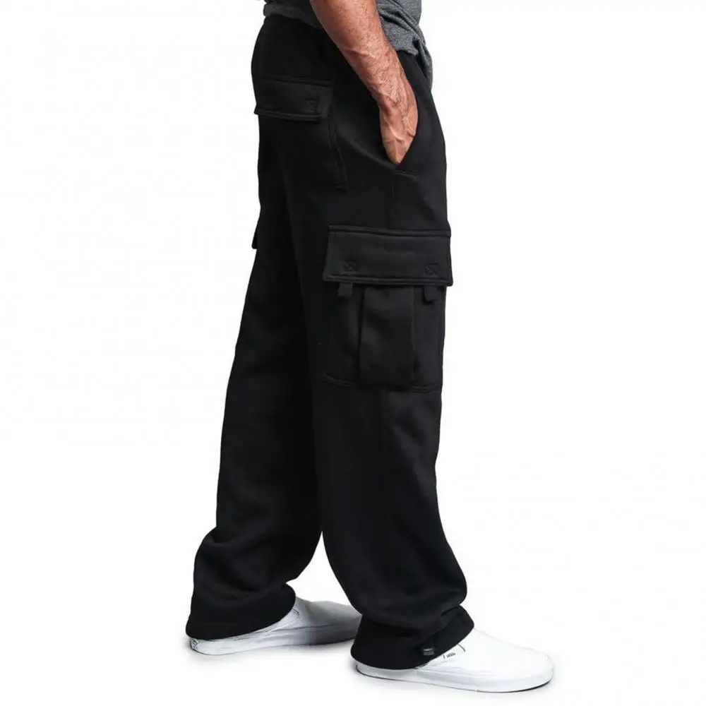 

Men Solid Color Multi Pockets Trousers Drawstring Loose Sports Straight Pants Men Multi Pockets Trousers Loose Sports Pants