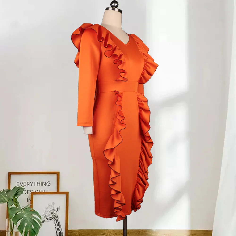 Plus Size Large Women's Dress V-neck Three-quarter Sleeve High Waist Large Size Slim Fit  Auricle Edge Casual Business Dress