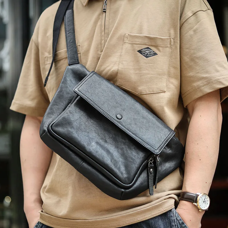 AETOO  Japanese-style high-end leather men's chest bag imported vegetable tanned leather dumpling bag waist bag cowhide motorcyc
