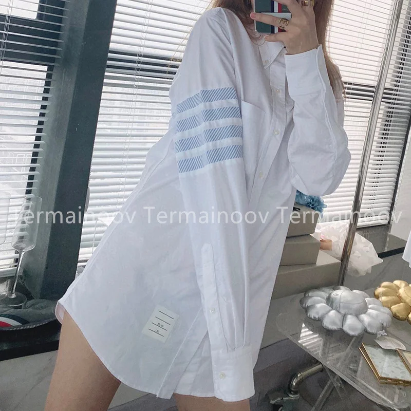 TB Shirts Men Blue Striped Brand New Dress Patchwork Full Sleeve Shirt Formal Business Men Shirts Turndown Collar Men Clothing