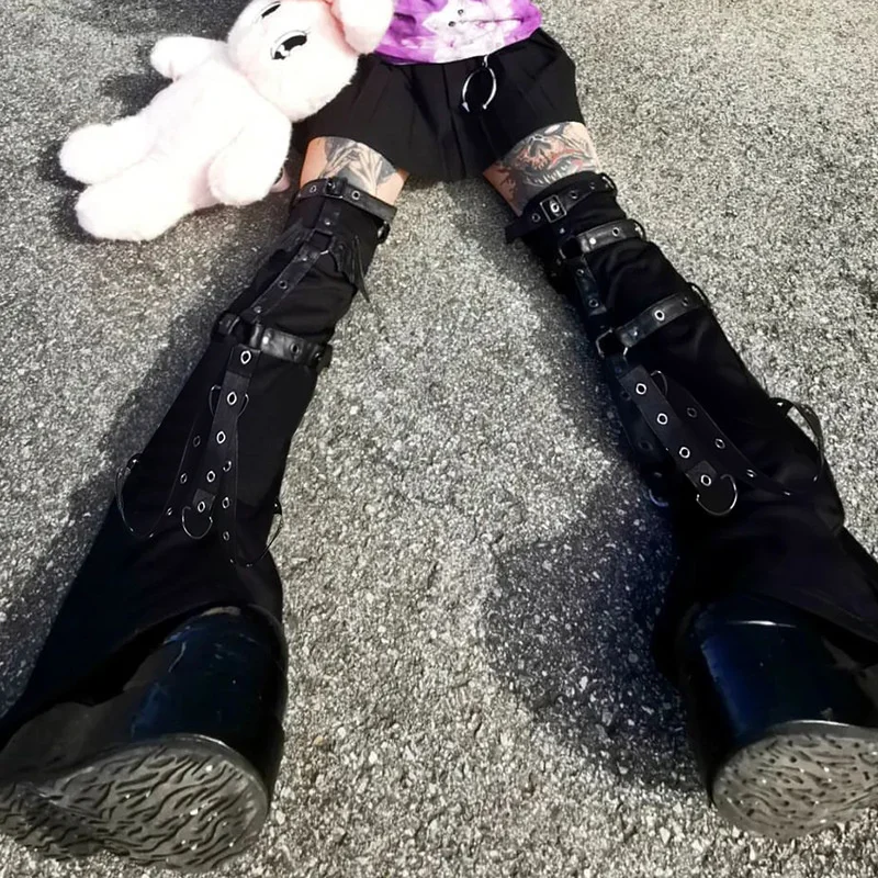 New Fashion Women Dark Punk Socks Gothic Style Elegant Chic Solid Color Buckle Patchwork Slim Ladies Long Socks For Autumn