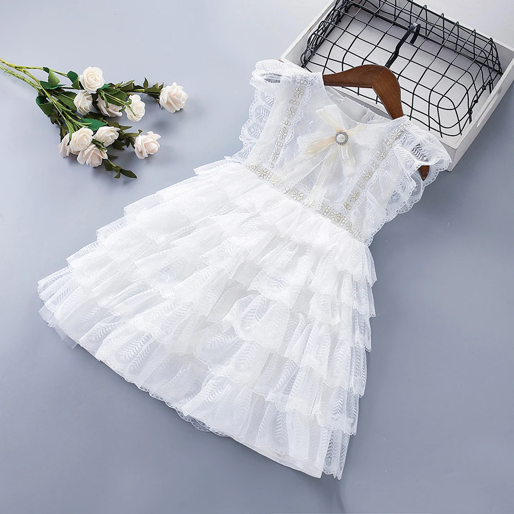 

2-10 Years High Quality Summer New Solid White Tiered Draped Ruched Kid Children Clothing Girl Party Birthday Princess Dress