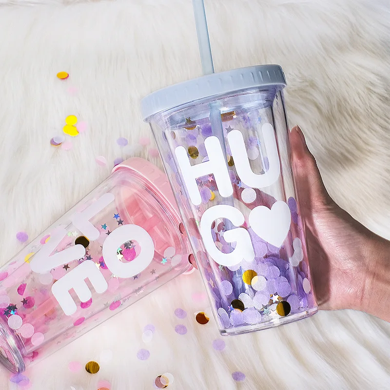 

480ml Large-capacity Straw Cup Wave Point Wave Plate Double-layer Plastic Straw Cup Pink Cute Water Cup Female