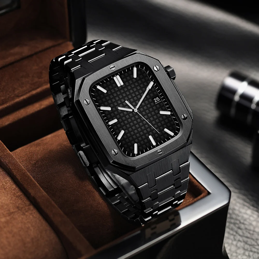 Metal Case Modification Kit for Apple Watch Bracelet 44MM 45MM Rubber Strap Watch Band for IWatch Series SE 7 6 5 4 Accessories