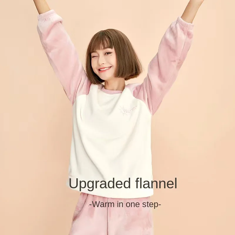 New Autumn Winter Warm Flannel Pajamas for Women Students Cute Plus Velvet Thicken Loose Sleepwear Set Coral Velvet Home Clothes