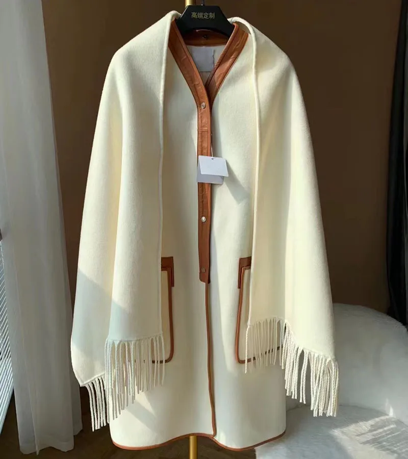 

Women's Casual Outer Wear Pure Color Autumn And Winter Warm Fashion Real Cashmere Clothes Long V-neck Woolen Coat With Scarf