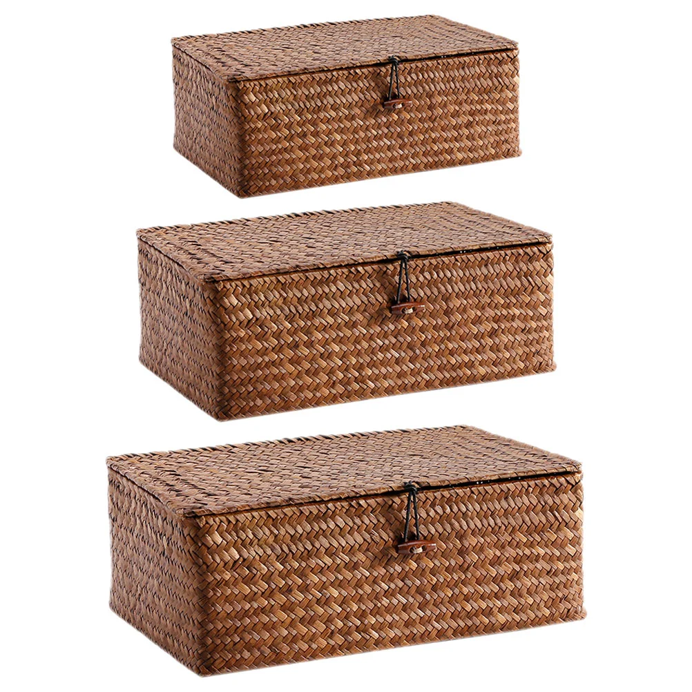 

3 Pcs Basket Lid Decorative Storage Woven Toy Case Bins Lids Portable Makeup Organizer Desktop Lidded Baskets