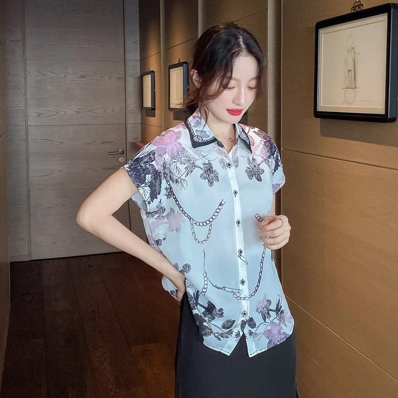 

Chiffon Women's Blouse Print Polo Shirt New Korean Casual Fashion Lady Summer Short SleeveTop Loose