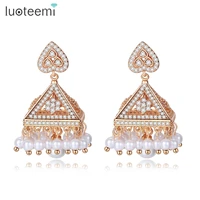 luoteemi bohemia style cz stone imitation pearl crown statement dangle earrings for women tower design champagne gold jewellery