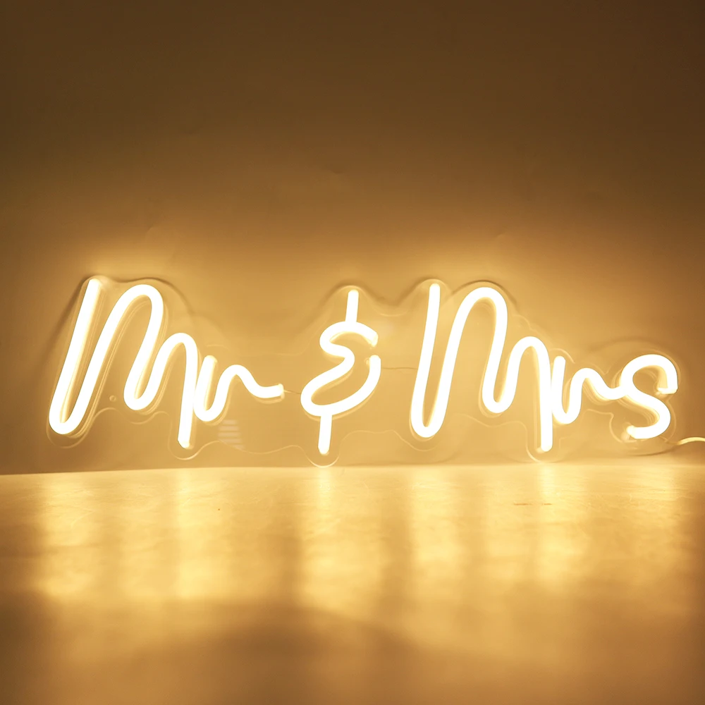 LED Neon Sign Mr&Mrs Warm White Custom LED Neon Lights Signs 24X9.5in for Bedroom Indoor Wedding Party Wall Decor Hanging Lamp