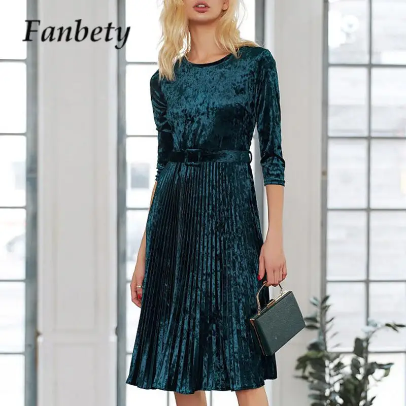 

New Fashion O Neck Half Sleeve Pleated Slim Dress Autumn Women Velvet Midi Dress Elegant Ladies Solid Color Wiated Big Hem Dress