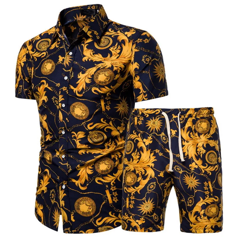2023 Summer Men's Fashion Print Set Polo Neck Short Sleeve Shirt+Shorts Slim Fit Two Piece Fashion Casual Sports Mens Set