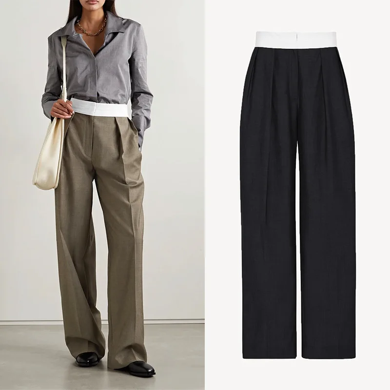 Women Wool Blends Color Patchwork Pants High Waist Simple Zipper Female Straight Trousers 2022 Autumn