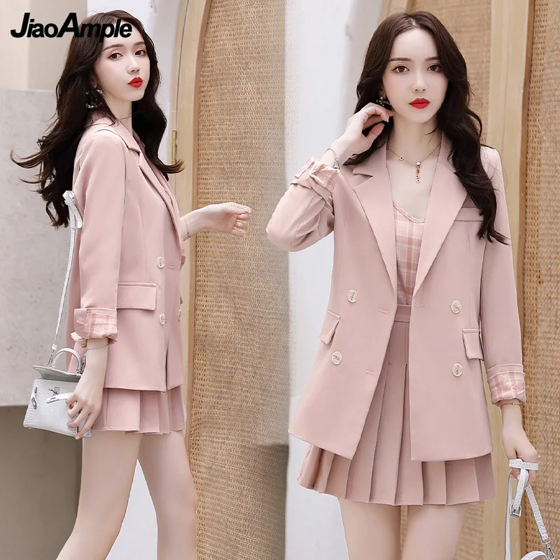 Women Korean Blazers 3 Pcs Set Spring Autumn Office Lady Elegant Pink Suit Coat+Plaid Sling Vest+Pleated Skirts Outfits 2022 New
