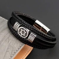 kpop multilayer vintage six star viking titanium steel mens leather bracelet with woven leather rope bracelet homme jewelry