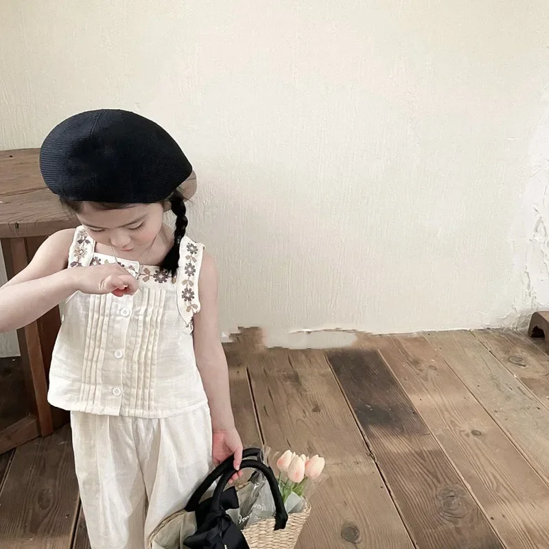 Летние комплекты одежды для девочек короткий хлопковый жилет с вышивкой в