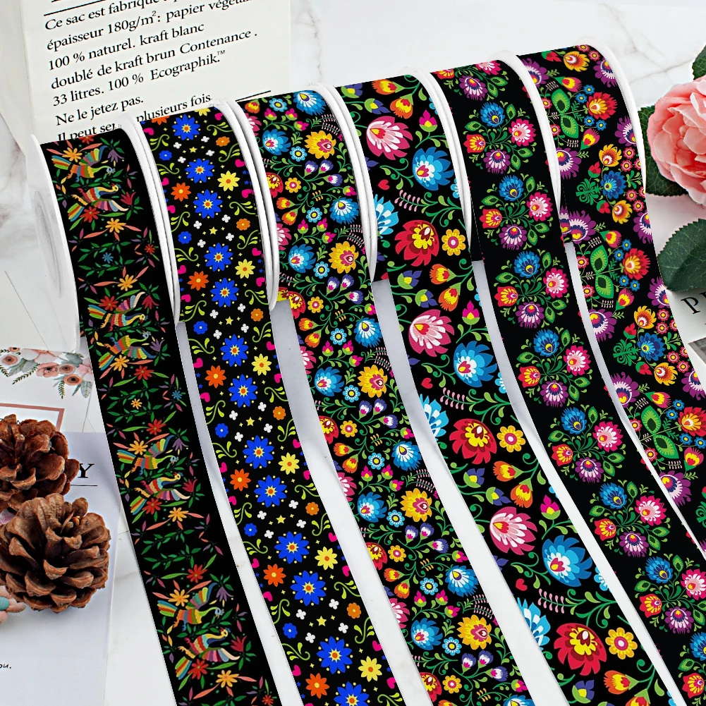 

Mexico Style Flowers Pattern Design Printed Grosgrain Satin Ribbon for Gift Wrapping Hair Bow Craft Accessory 50 Yards