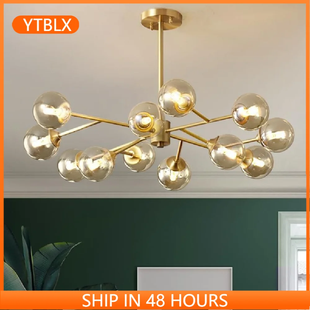 

Copper Luxury Living Room Chandelier Bedroom Home Deco G9 Amber Glass Ball Lighting hanging Fixtures Postmdern Dining LED Lamp