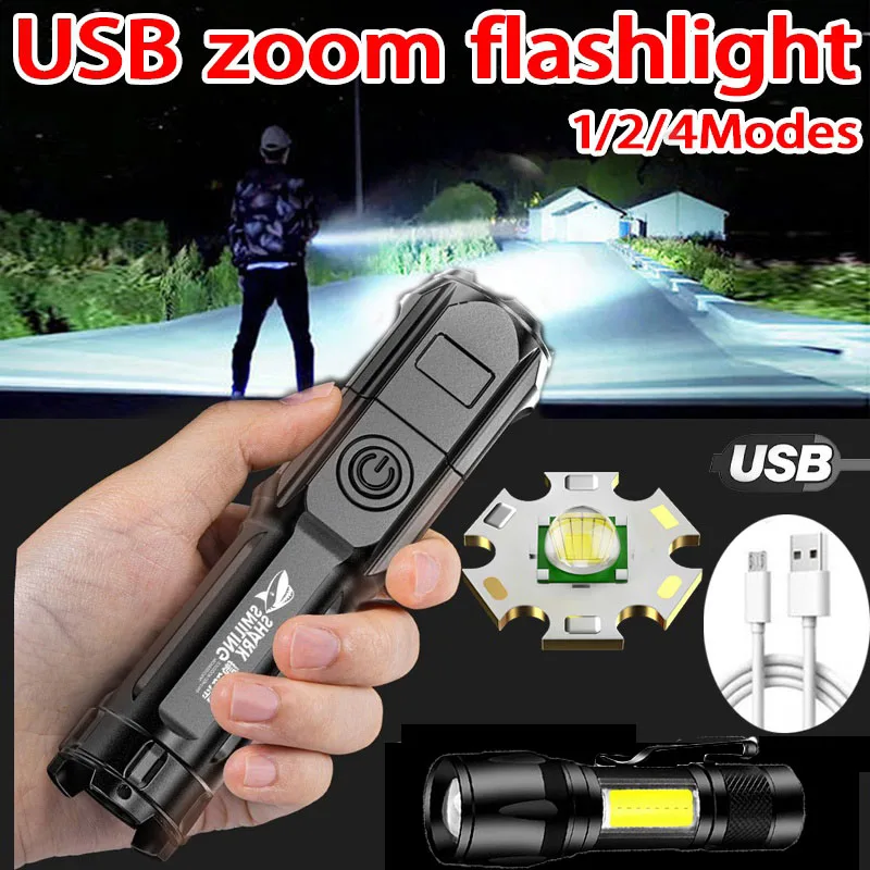 

Ультраяркий фонарь, тактический фонарь с USB-зарядкой, фонарик с зумом, многофункциональная ксеноновая вспышка для кемпинга, походов