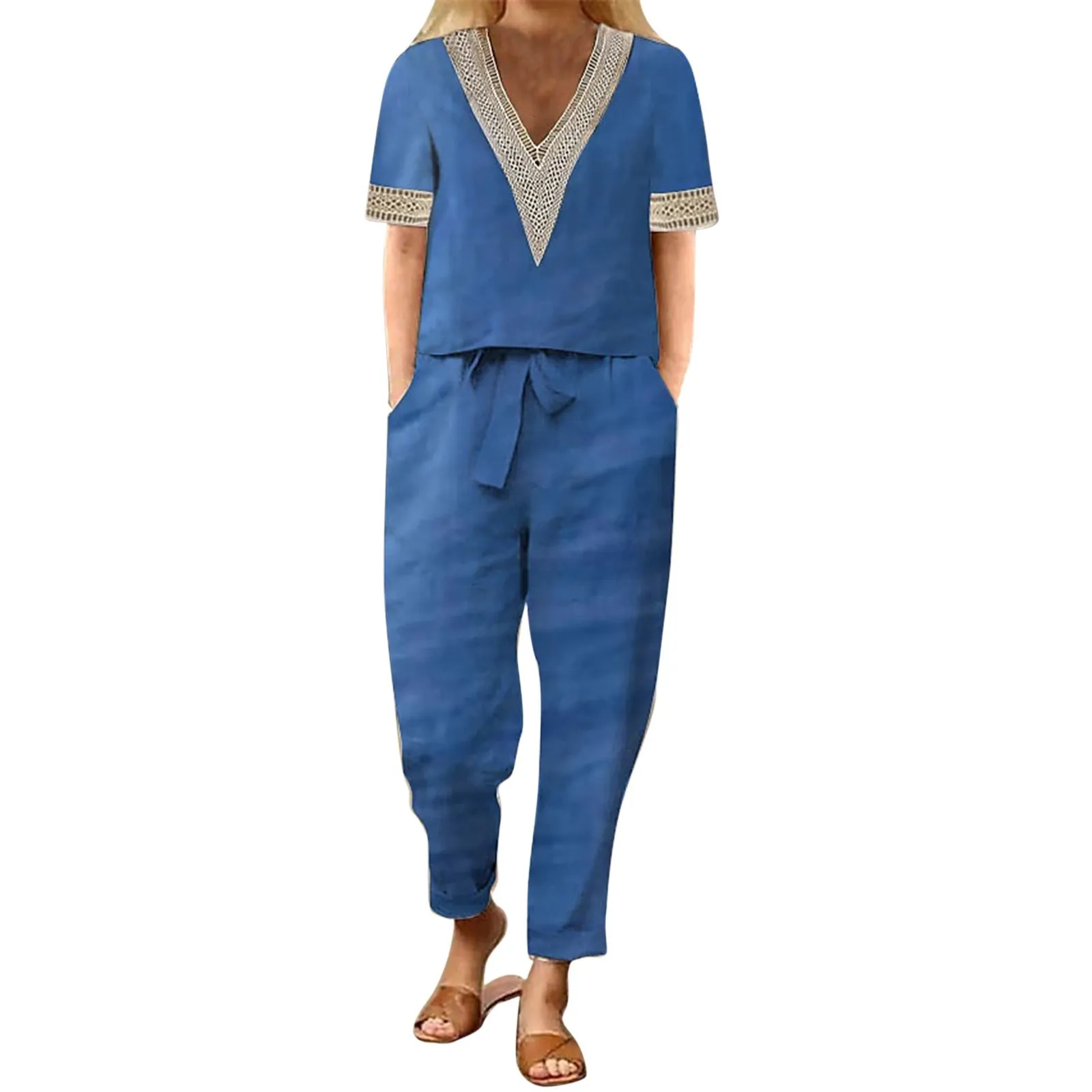 

2 Pieces Pants Women'S Cotton And Linen Casual Set Solid Color Fashion Casual Short Sleeve Top Elastic Waist Pants Two Piece Set